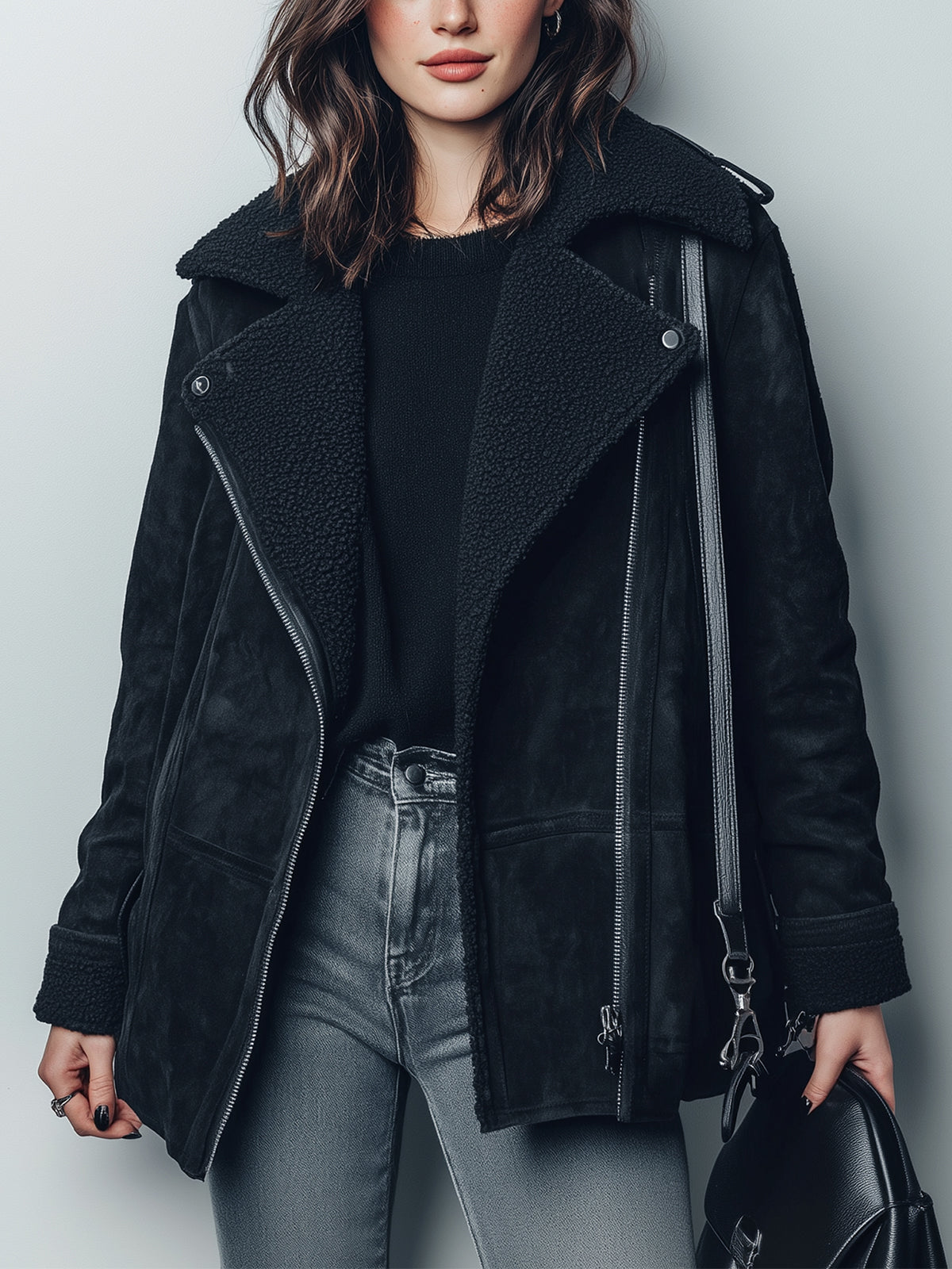Chic Casual Black Faux Suede Shearling Collar Zipper-Front Oversized Warm Biker Jacket