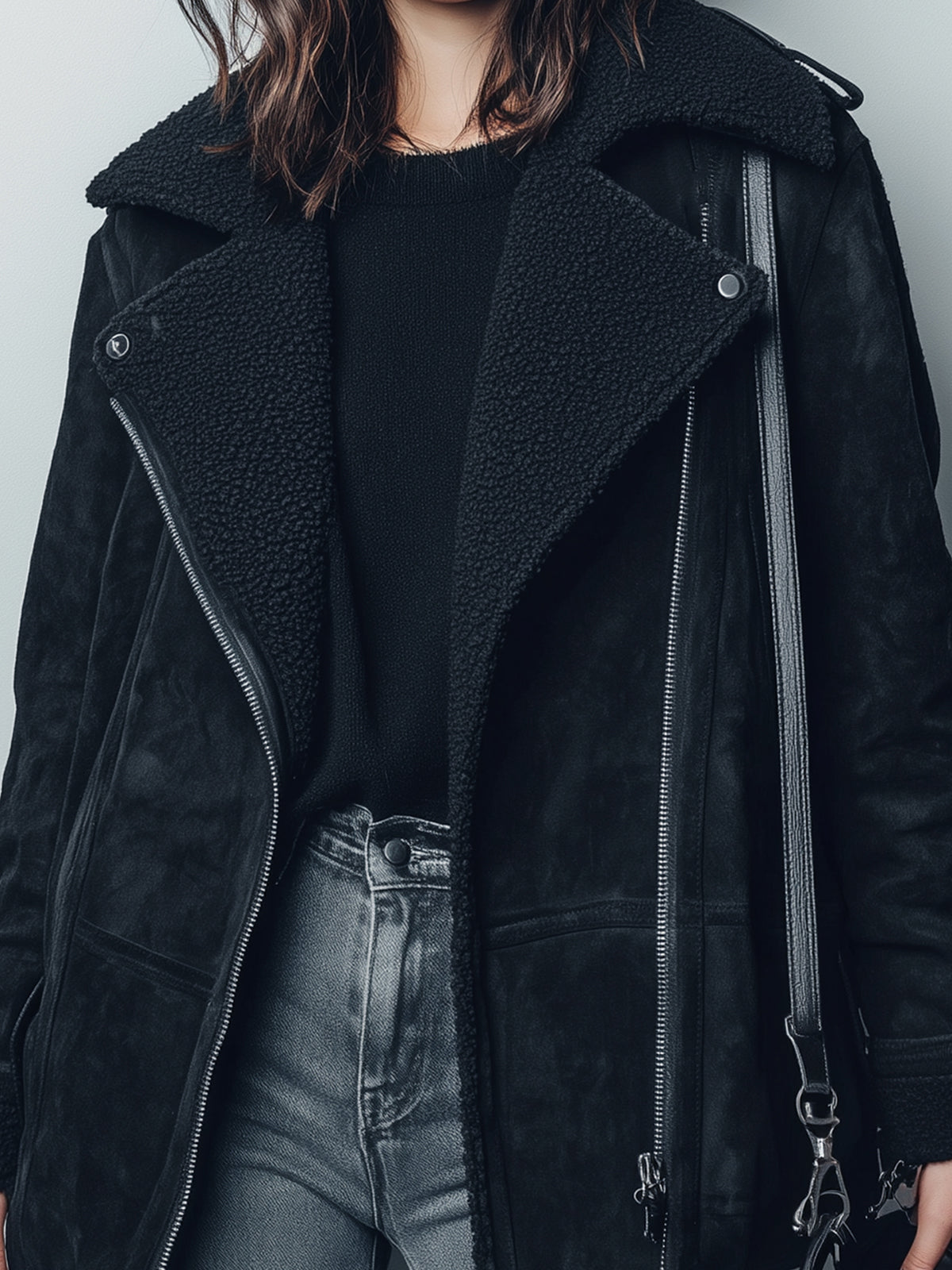 Chic Casual Black Faux Suede Shearling Collar Zipper-Front Oversized Warm Biker Jacket